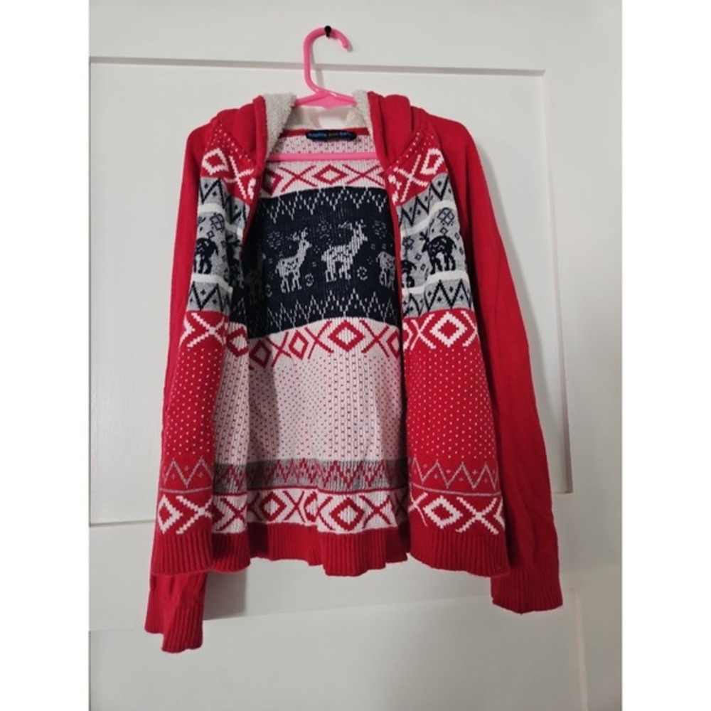 Sophie & Sam Red Reindeer Isle Sherpa Lined Zip Hoodie Sweater Size XL (7/8)